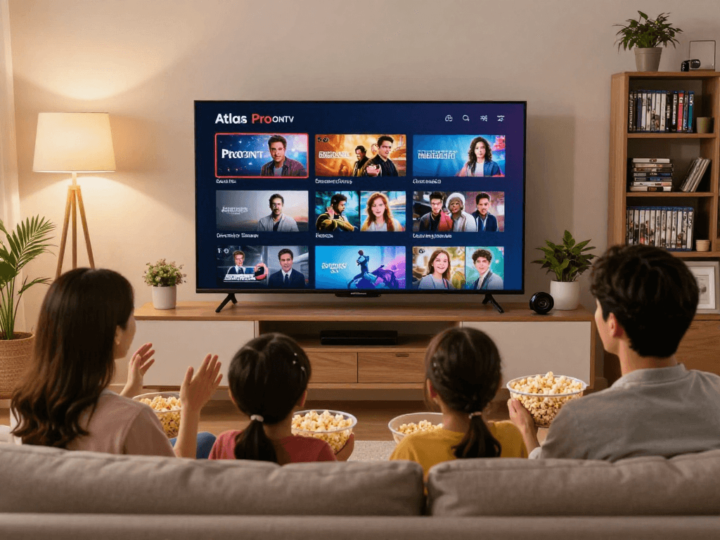 Famille profitant de l'application Atlas Pro sur une Smart TV avec des films et des chaînes variés.