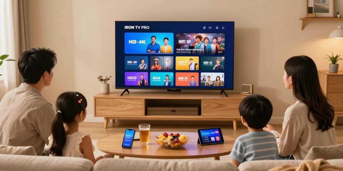 Famille profitant d'Iron TV sur un téléviseur intelligent dans un salon accueillant.