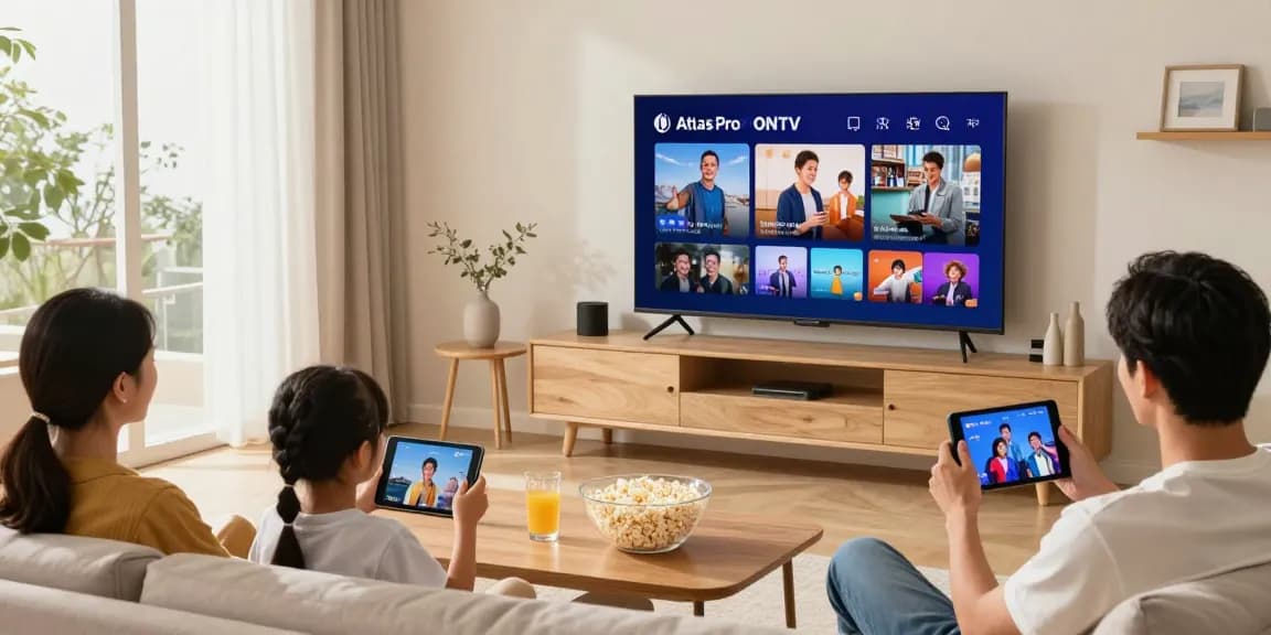 Famille profitant d'Atlas pro ontv dans un salon moderne avec écran TV large.