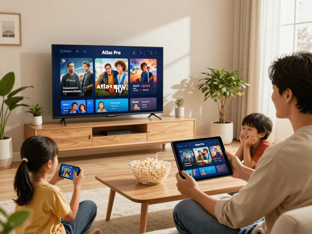 Famille utilisant Atlas pro ontv pour le streaming dans un salon moderne, ambiance chaleureuse et décor convivial.