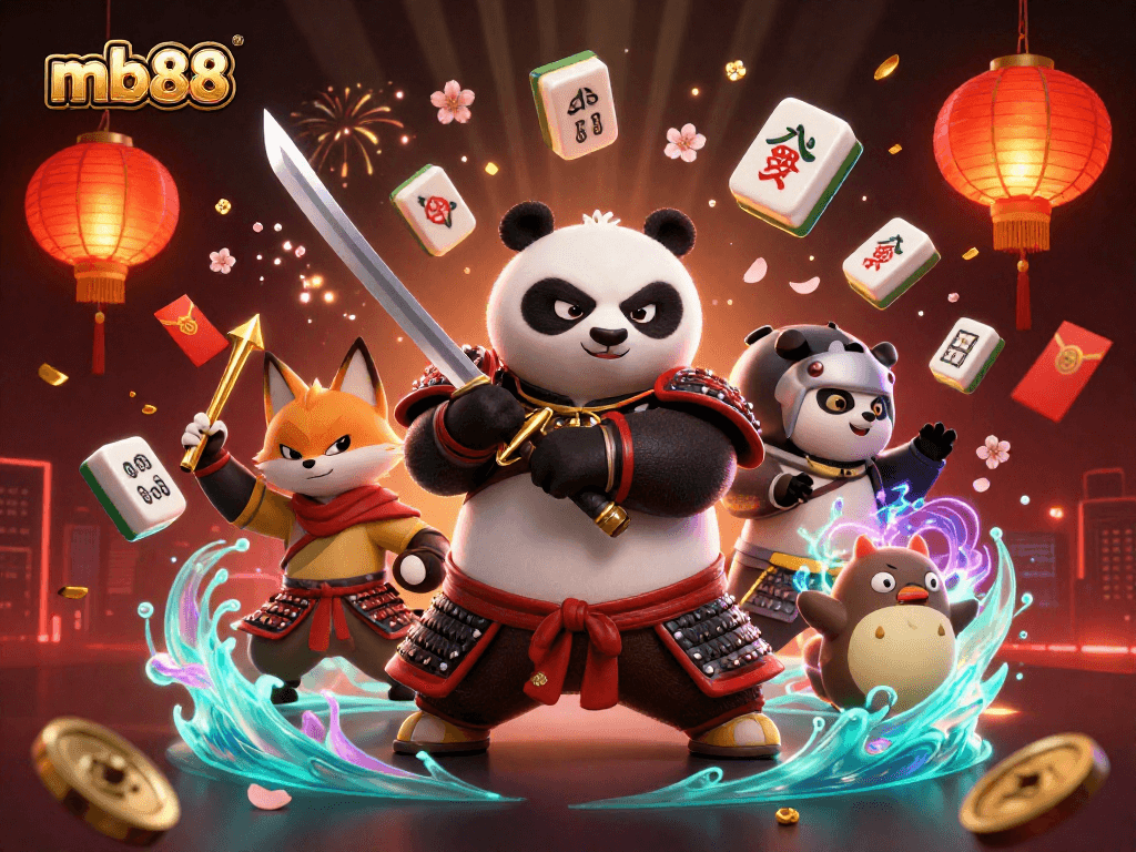 Engage with mb88's thrilling betting experience through the action-packed digital art featuring samurai panda and ninja fox.