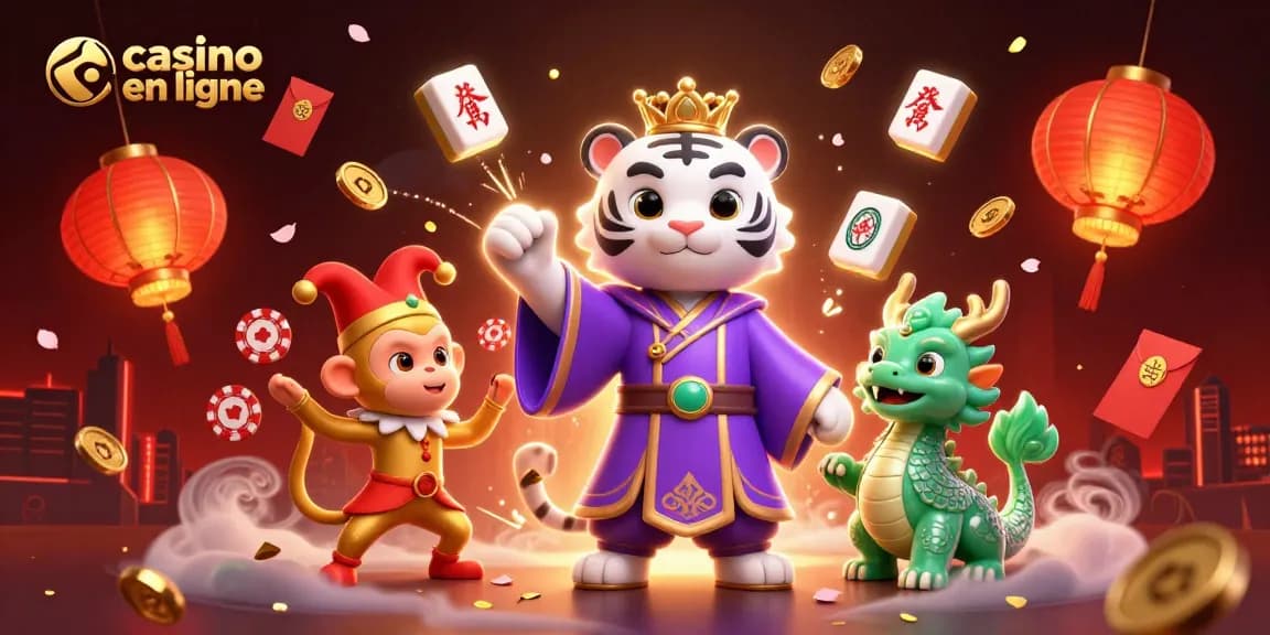 Jouez dans un casino en ligne avec l'élégant tigre et un dragon en jade dans un décor animé.
