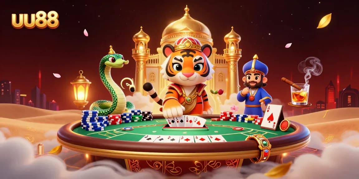 Experience excitement at uu88 with a vibrant 3D casino scene featuring a tiger sultan on a magic carpet.